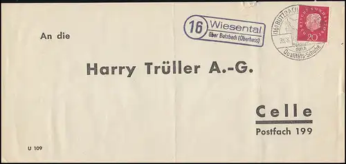 Landpost Wiesental über Butzbach 1960 Bedarfserhaltung/senkrechter Briefbug