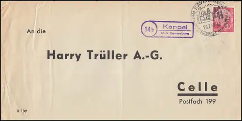 Landpost Kappel über Ravensburg 1958 Bedarfserhaltung/senkrechter Briefbug