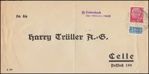 Landpost Diefenbach über Mühlacker 1955 Bedarfserhaltung/senkrechter Briefbug
