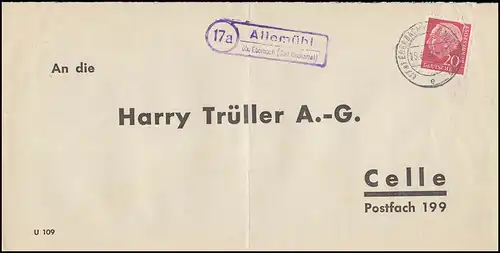 Landpost Allemühl über Eberbach 1959 Bedarfserhaltung/senkrechter Briefbug