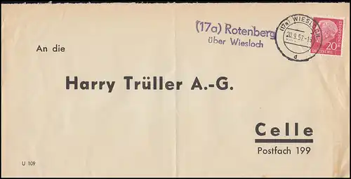 Landpost Rotenberg über Wiesloch 20.9.57 Bedarfserhaltung/senkrechter Briefbug