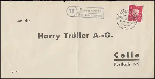Landpost Rodenroth über Herborn 21.9.59 Bedarfserhaltung/senkrechter Briefbug