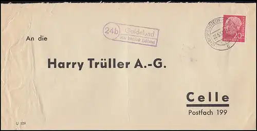 Landpost Goldelund über Bredstedt 22.5.57 Bedarfserhaltung/senkrechter Briefbug