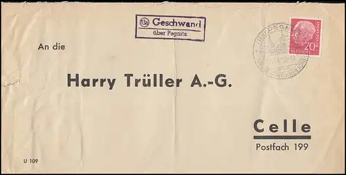 Landpost Geschwand über Pegnitz 1958 Bedarfserhaltung/senkrechter Briefbug