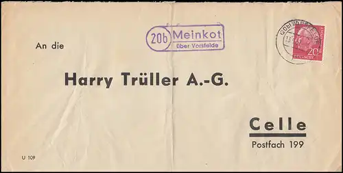 Landpost Meinkot über Vorsfelde 13.9.57 Bedarfserhaltung/senkrechter Briefbug