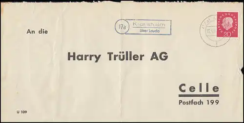 Landpost Krensheim über Lauda 1961 Bedarfserhaltung/senkrechter Briefbug