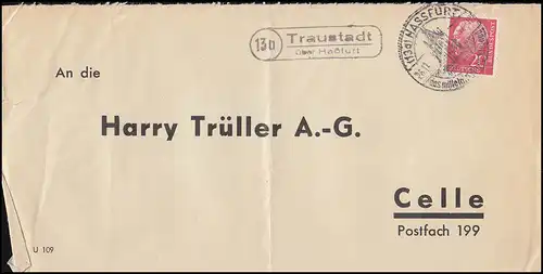 Landpost Traustadt über Hassfurt 1957 Bedarfserhaltung/senkrechter Briefbug