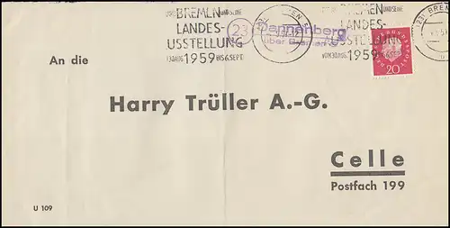 Landpost Dannenberg über Bremen 4.9.59 Bedarfserhaltung/senkrechter Briefbug