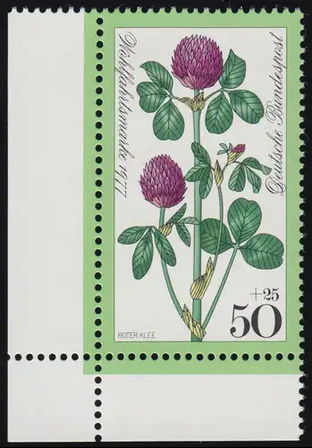 951 Fleurs prés 50+25 Pf Trèfle rouge ** Coin et l.