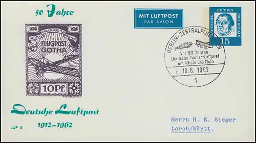 Berlin PP 31/4b Deutsche Aeropost LUP 8 Gotha, SSt BERLIN correspondant 10.6.62