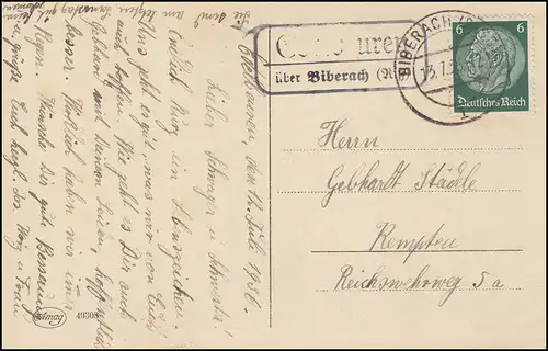 Landpost Edelbeuren über Biberach (Riss) 13.7.36 auf Blumen-AK Rosen