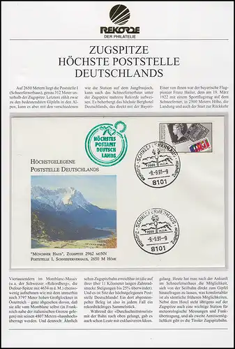 Zugspitze - Centre postal le plus haut d'Allemagne, lettre SSt SCHNEEFERERHAUS 9.9.91