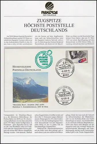 Zugspitze - Höchste Poststelle Deutschlands, Brief SSt SCHNEEFERNERHAUS 9.9.91