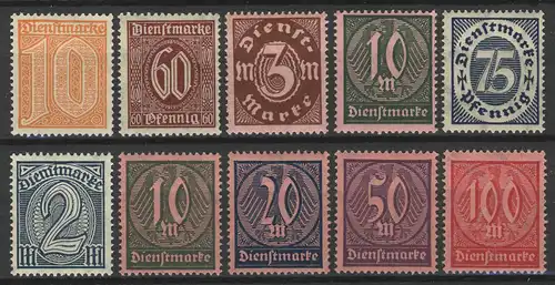 65-74 Dienstmarken Jahrgang 1921/22 komplett, 10 Werte postfrisch **