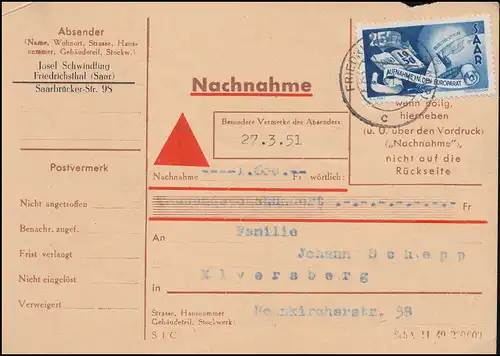 Saarland 297 Europarat als EF auf Nachnahmekarte FRIEDRICHSTHAL 27.3.1951 