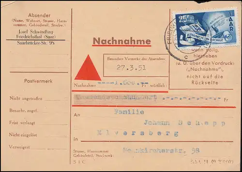 Sarre 297 Conseil de l'Europe en tant qu'EF sur carte d'acceptation FRIEDRICHSTHAL 27.3.1951