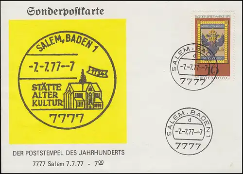 Le cachet postal du siècle 7777 SALEM/BADE 7.7.77 - 7 sur carte postale spéciale