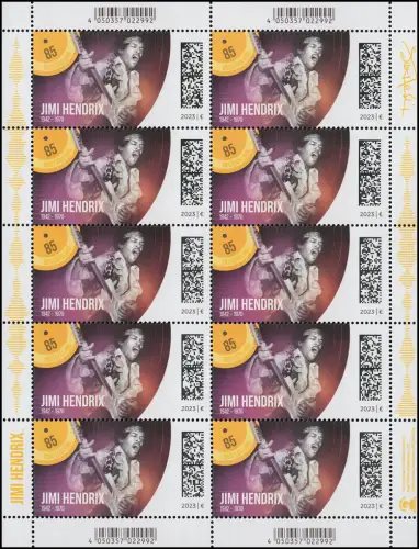 3780 Legenden der Pop-/Rockmusik: Jimi Hendrix - 10er-Bogen ** / MNH
