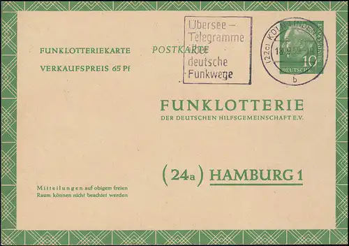 Carte postale radio-lotte FP 6 Heuss KÖLN-LINDENTHAL 18.9.1959
