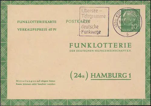 Funklotterie-Postkarte FP 6 Heuss KÖLN-LINDENTHAL 18.9.1959