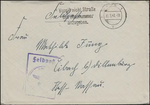 Feldpost Marinestützpunkt Kiel-Wik KIEL 1 v - 15.3.41 mit Rahmen-Feldpoststempel