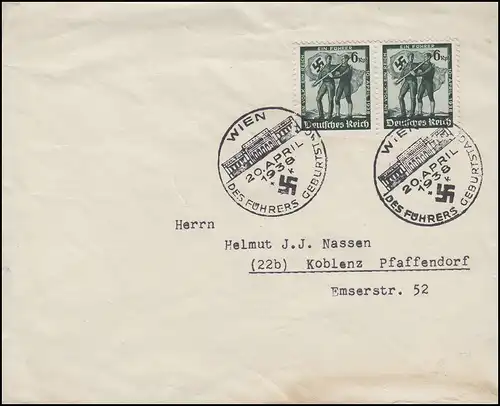 663 Volksabstimmung in Österreich, Paar auf Brief SSt WIEN Geburtstag 20.4.1938