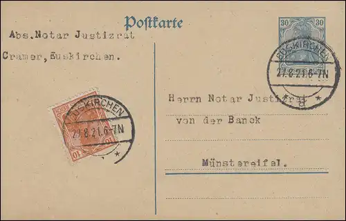 Postkarte P 120B mit Zusatzfr. Postkarte EUCHSKIRCHEN 28.8.21 nach Münstereifel