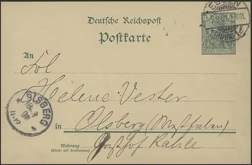 Postkarte Germania 5 Pf Reichspost: ESSEN 17.8.01 nach Olsberg/Westfalen 19.8.01