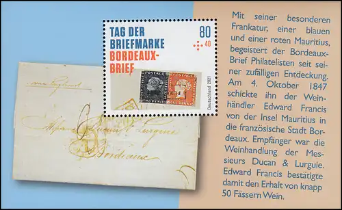 Block 88 Tag der Briefmarke 2021: Bordaux-Brief, ** postfrisch