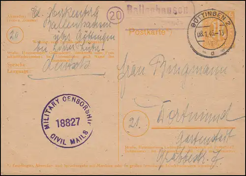 Militärzensur 18827 auf Postkarte Landpost 20 Ballenhausen über Göttingen 8.1.46