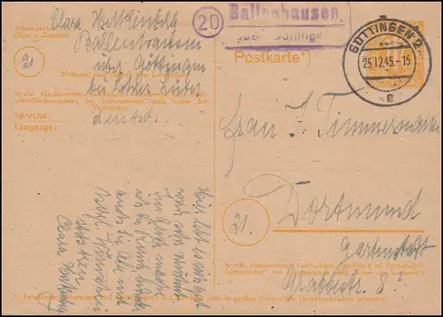 Landpost 20 Ballenhausen über Göttingen 2 - 25.12.45 auf Postkarte