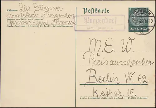 Landpost Poggendorf über Grimmen 7.11.35 auf Postkarte