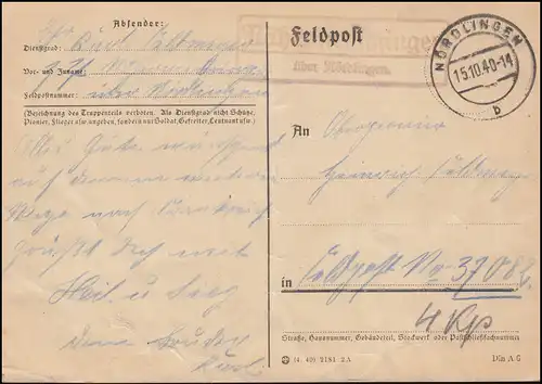 Feldpost 37082 auf Postkarte Landpost Nähermemmingen über Nördlingen 15.10.40