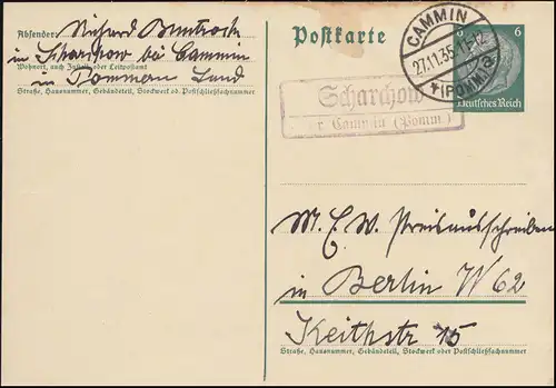 Landpost Scharchow über Cammin (Pommern) 27.11.35 auf Postkarte