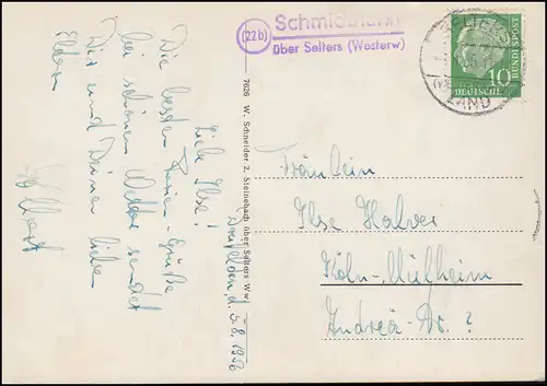 Landpost Schmidthahn über Selters Land 6.6.56 auf AK Gruß aus dem Westerwald