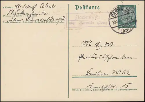 Landpost Flackenheide über Bärwalde (Pommern) Land 23.11.35 auf Postkarte