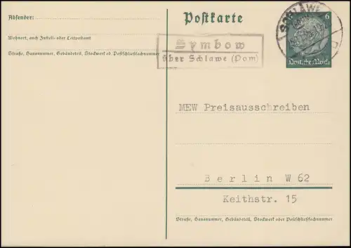 Landpost Symbow über Schlawe (Pommern) Land 25.11.35 auf Postkarte