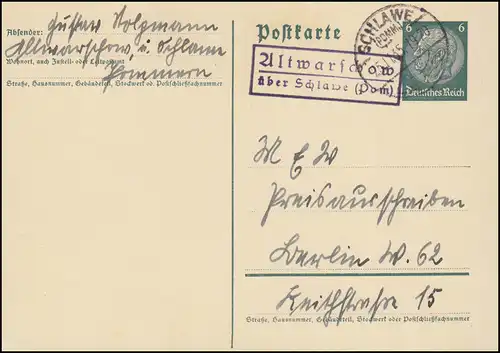 Landpost Altwarschow über Schlawe (Pommern) Land 25.11.35 auf Postkarte