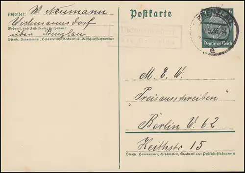 Landpost Wichmannsdorf über Prenzlau 12.5.36 auf Postkarte