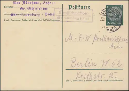 Landpost Groß Schwichow / Großschwichow über Lauenburg 22.11.35 auf Postkarte