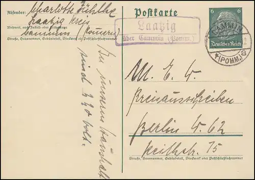 Landpost Laatzig über Cammin (Pommern) 13.5.36 auf Postkarte