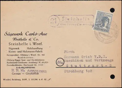 Landpost Steinhelle über Olsberg (Sauerland) 1948 auf Postkarte