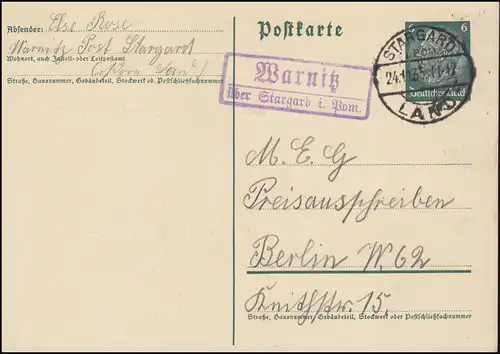 Landpost Warnitz über Stargard (Pommern) Land 24.1.35 auf Postkarte