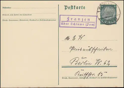Landpost Franzen über Schlawe (Pommern) 23.11.35 auf Postkarte