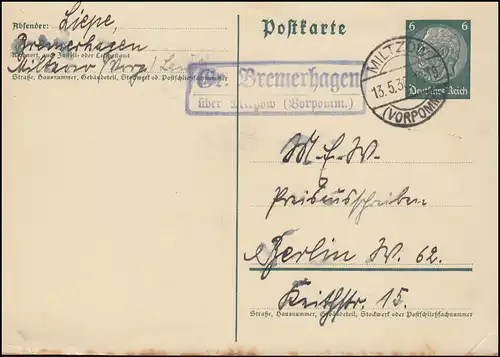 Landpost Gr. Bremerhagen über Miltzow (Vorpommern) 13.5.36 auf Postkarte