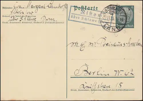 Landpost Ristow über Schlawe (Pommern) Land 27.11.35 auf Postkarte
