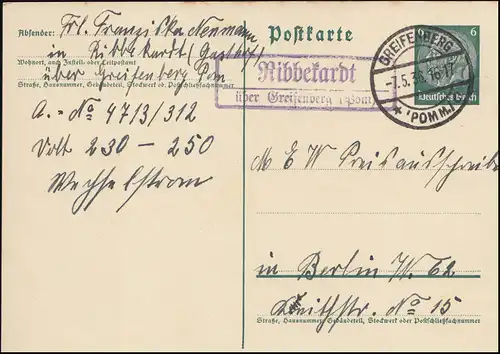 Landpost Ribbenkardt über Greifenberg (Pommern) 7.5.36 auf Postkarte