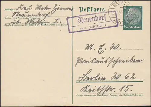 Landpost Neuendorf über Stettin 1 Land 18.11.35 auf Postkarte