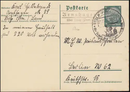 Landpost Arnshagen über Stolp (Pommern) SSt Stolper Jungchen 21.11.35
