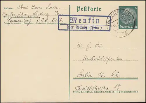 Landpost Menkin über Löcknitz (Pommern) 15.5.36 auf Postkarte